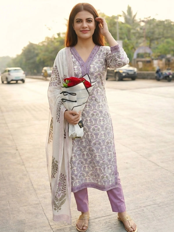 Lavender Floral Kurta Pant Set with Dupatta