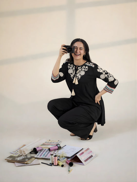 Black Floral Embroidered Co-Ord Set