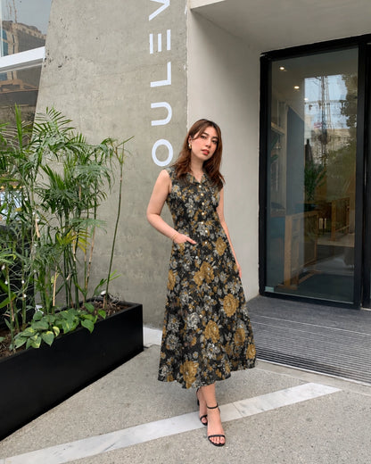 Black Floral Cotton Maxi Dress with Collar Neck for Vacation Wear