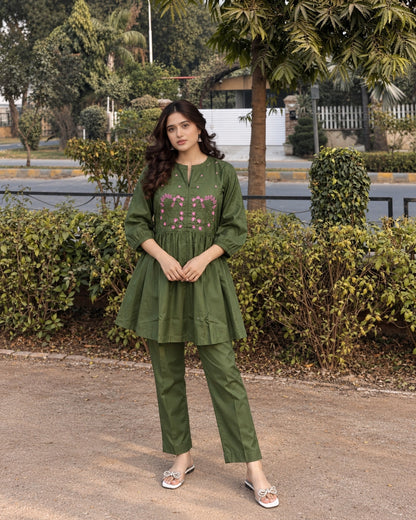 Floral Sprig Embroidered Cotton Co-Ord Set with Peplum Top and Pants