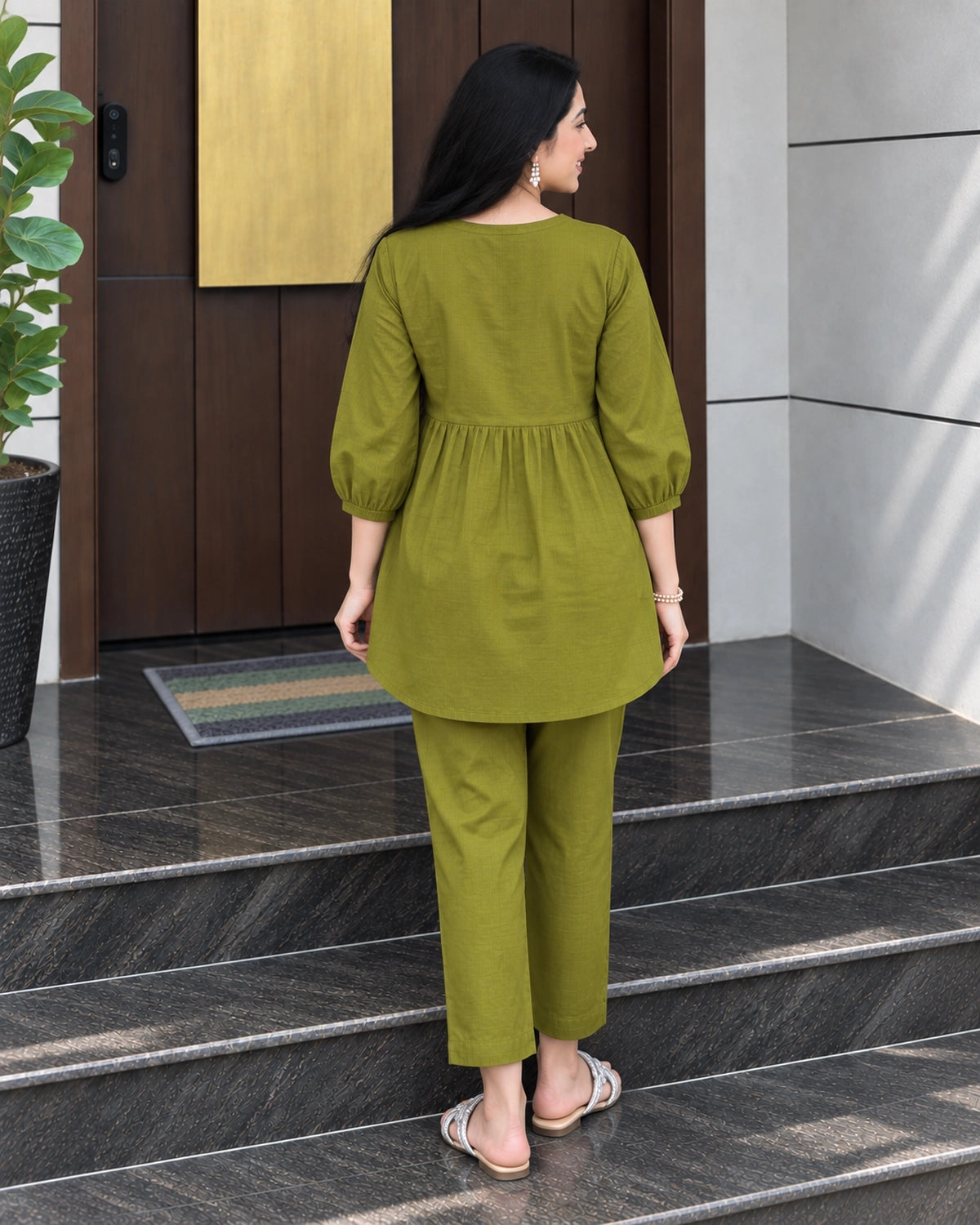 Floral Sprig Embroidered Cotton Co-Ord Set with Peplum Top and Pants