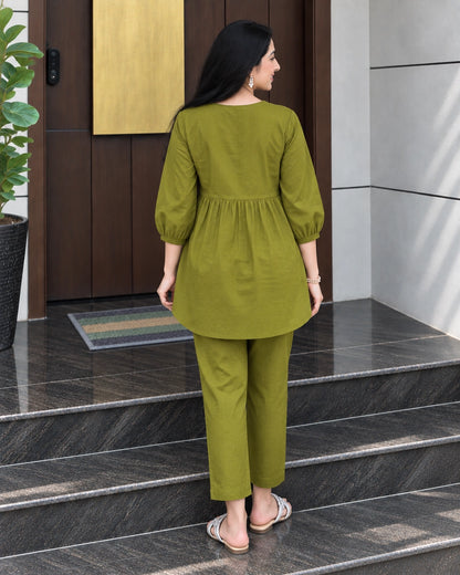 Floral Sprig Embroidered Cotton Co-Ord Set with Peplum Top and Pants