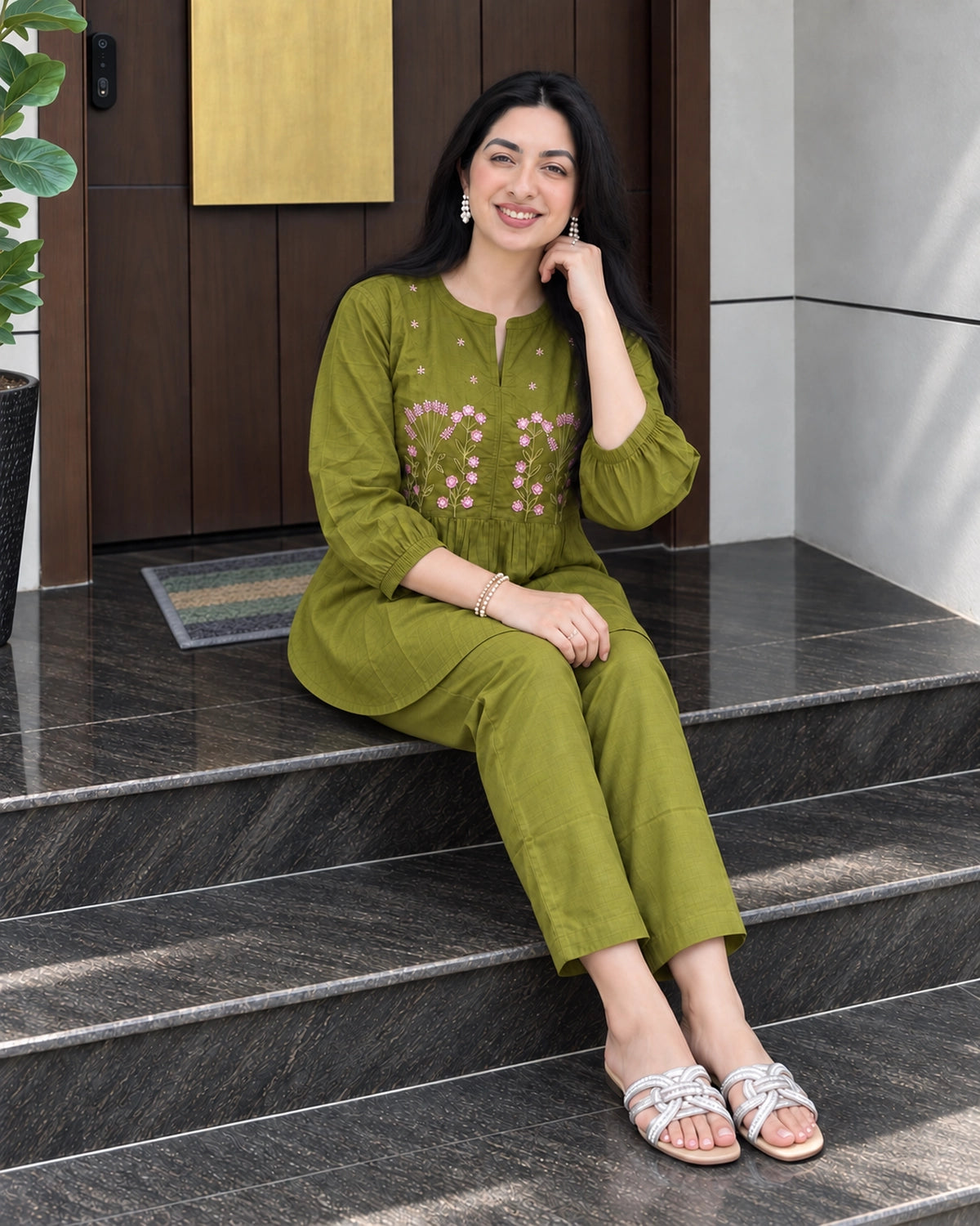 Floral Sprig Embroidered Cotton Co-Ord Set with Peplum Top and Pants