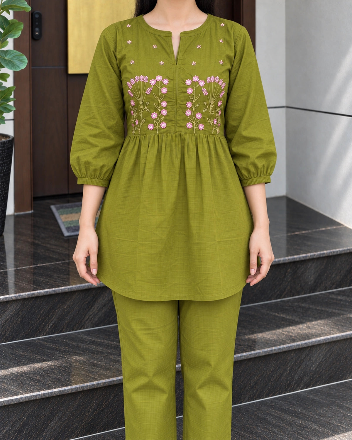 Floral Sprig Embroidered Cotton Co-Ord Set with Peplum Top and Pants
