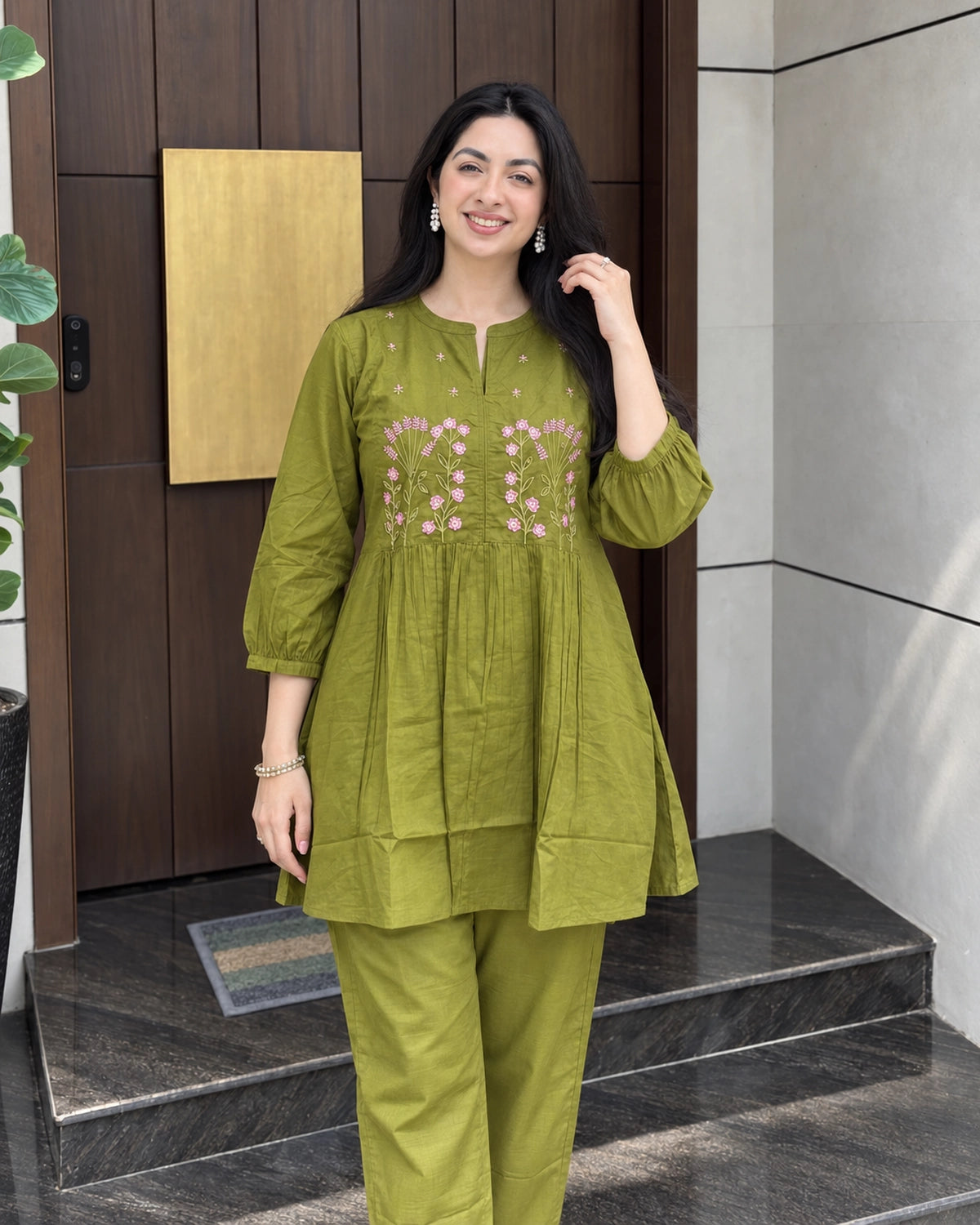 Floral Sprig Embroidered Cotton Co-Ord Set with Peplum Top and Pants