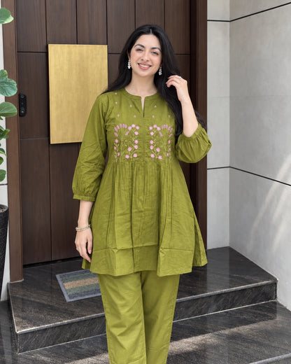 Floral Sprig Embroidered Cotton Co-Ord Set with Peplum Top and Pants