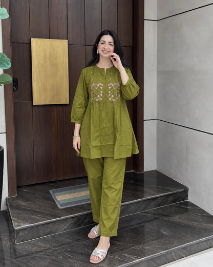 Floral Sprig Embroidered Cotton Co-Ord Set with Peplum Top and Pants