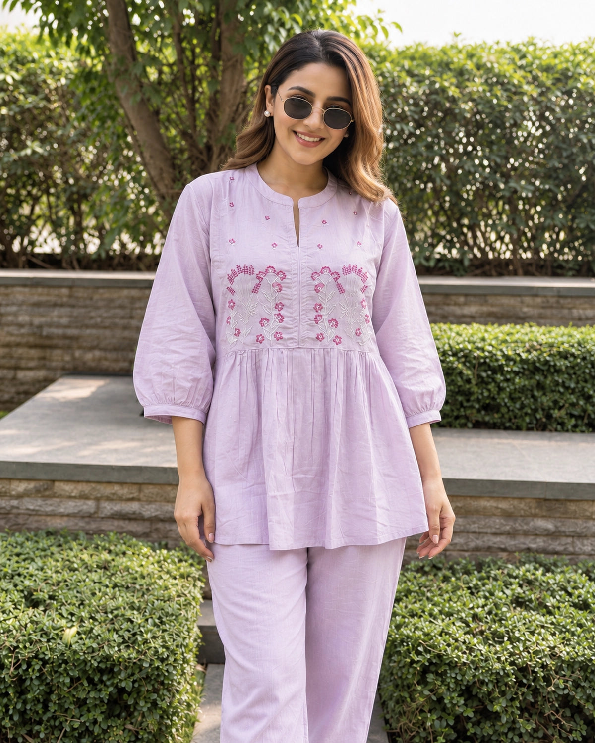 Floral Sprig Embroidered Cotton Co-Ord Set with Peplum Top and Pants