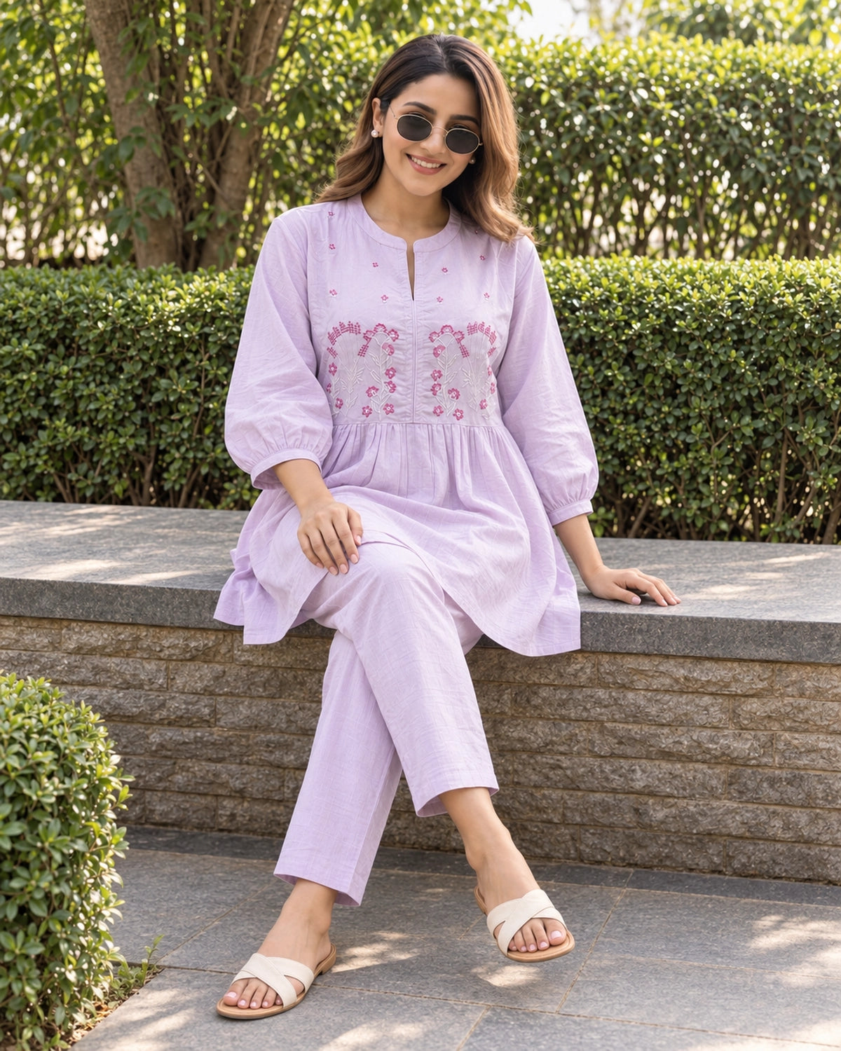 Floral Sprig Embroidered Cotton Co-Ord Set with Peplum Top and Pants