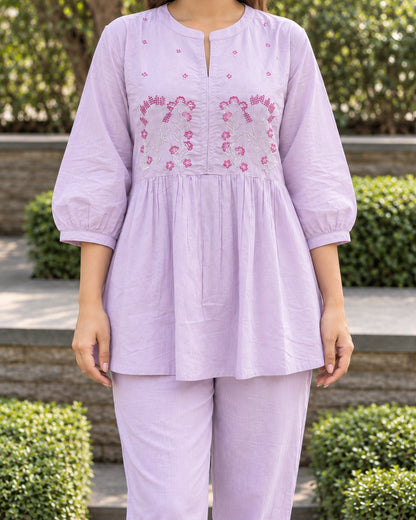 Floral Sprig Embroidered Cotton Co-Ord Set with Peplum Top and Pants