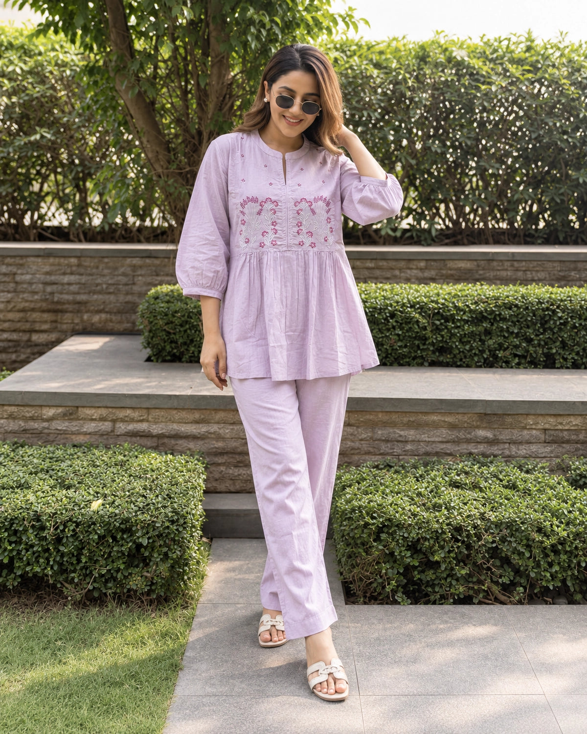 Floral Sprig Embroidered Cotton Co-Ord Set with Peplum Top and Pants
