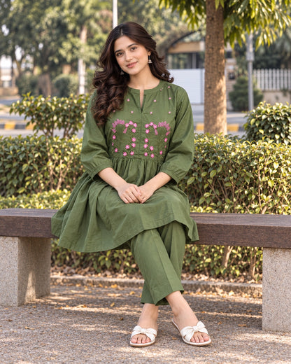 Floral Sprig Embroidered Cotton Co-Ord Set with Peplum Top and Pants