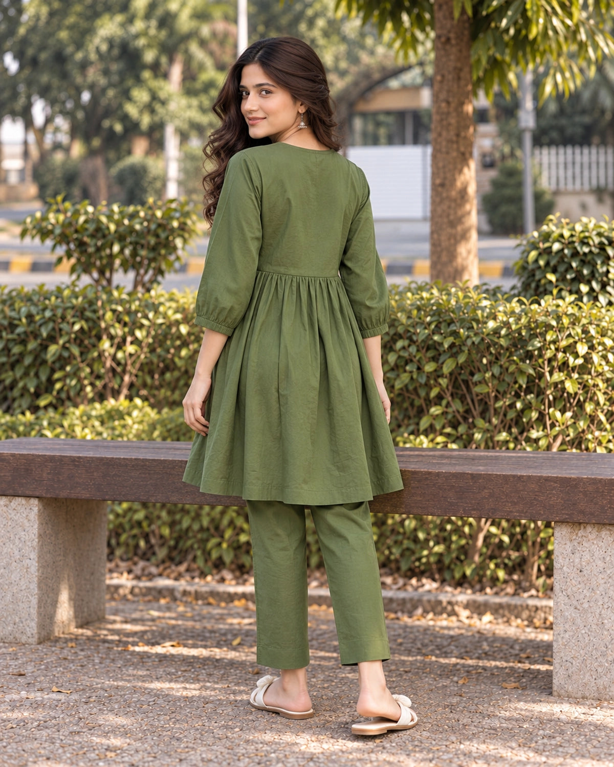 Floral Sprig Embroidered Cotton Co-Ord Set with Peplum Top and Pants