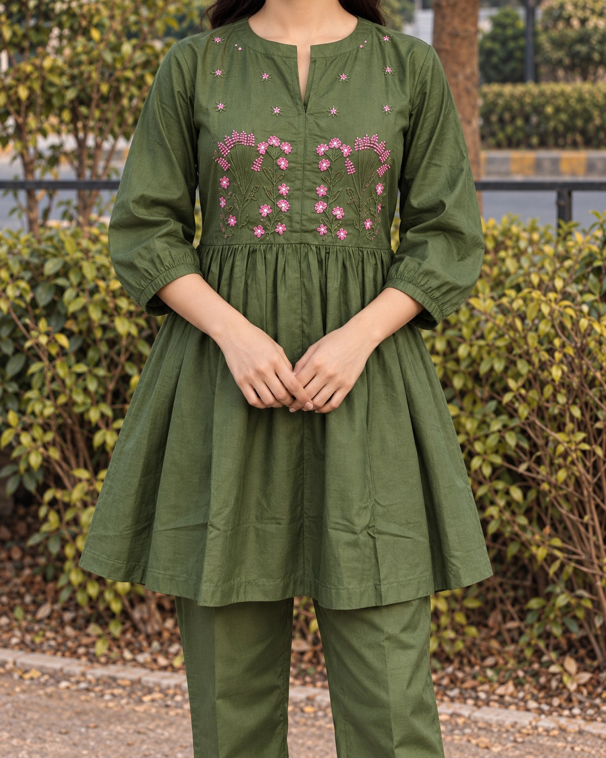 Floral Sprig Embroidered Cotton Co-Ord Set with Peplum Top and Pants
