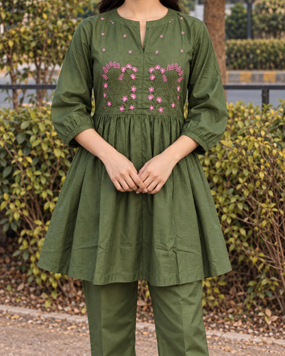 Floral Sprig Embroidered Cotton Co-Ord Set with Peplum Top and Pants