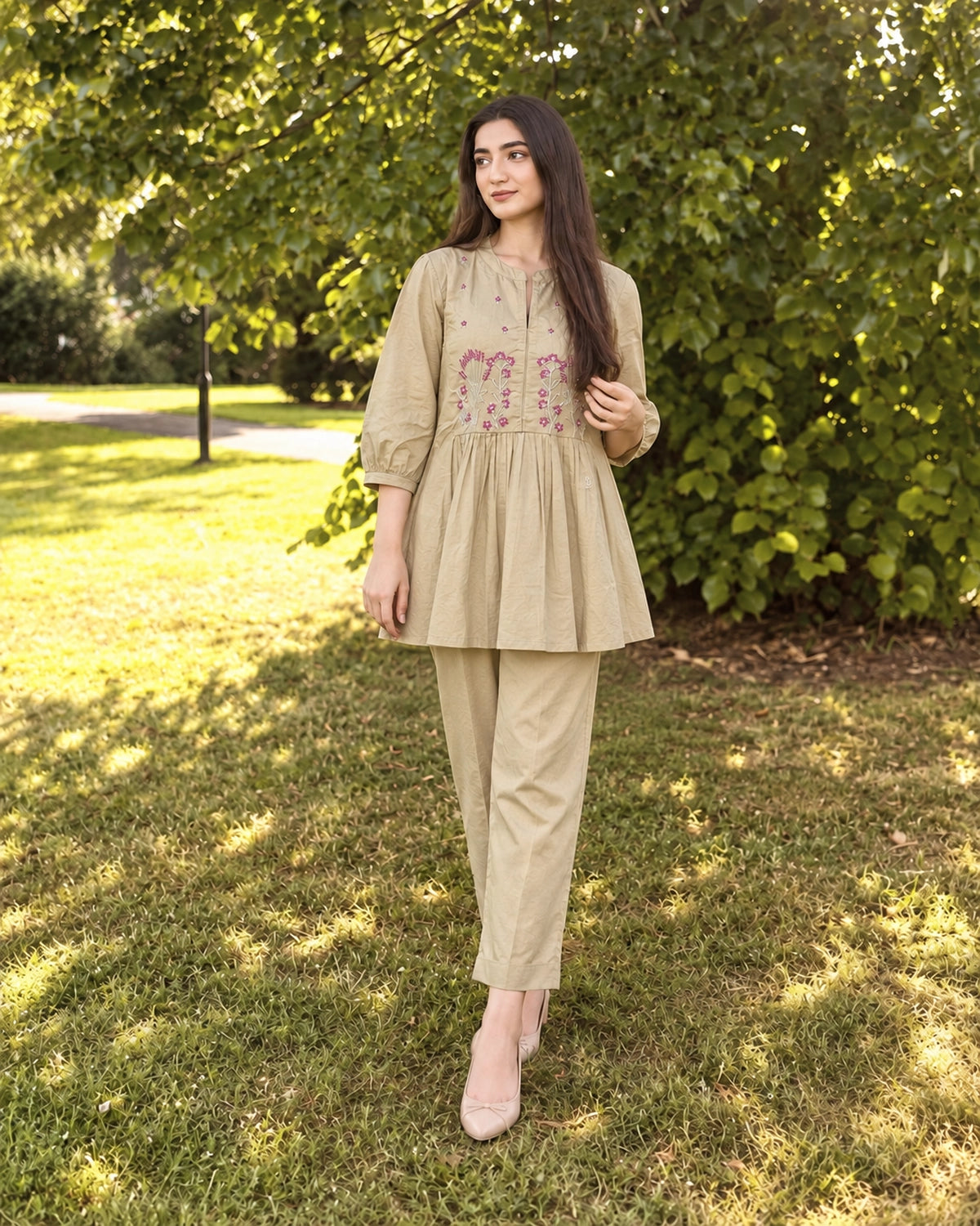 Floral Sprig Embroidered Cotton Co-Ord Set with Peplum Top and Pants