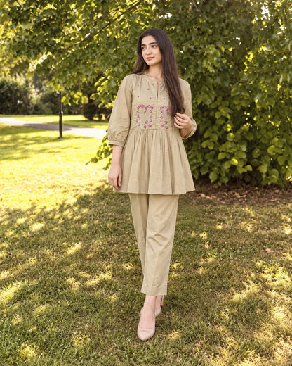 Floral Sprig Embroidered Cotton Co-Ord Set with Peplum Top and Pants