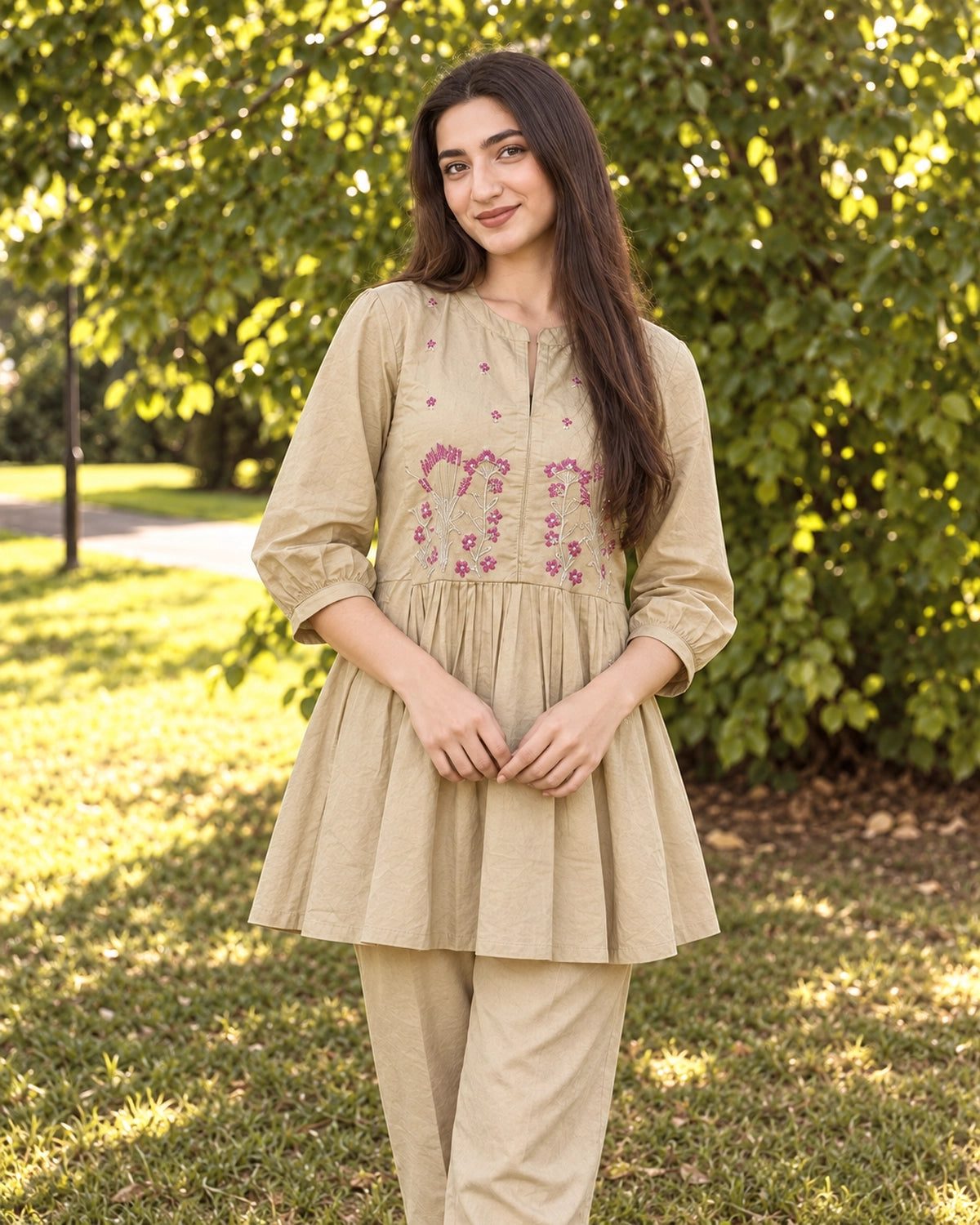 Floral Sprig Embroidered Cotton Co-Ord Set with Peplum Top and Pants