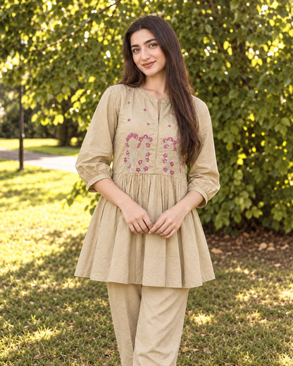 Floral Sprig Embroidered Cotton Co-Ord Set with Peplum Top and Pants