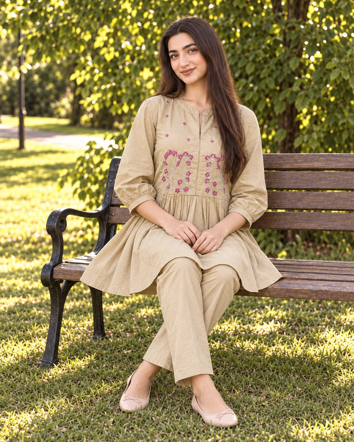 Floral Sprig Embroidered Cotton Co-Ord Set with Peplum Top and Pants