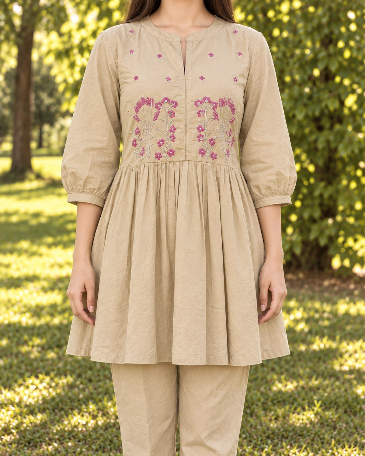 Floral Sprig Embroidered Cotton Co-Ord Set with Peplum Top and Pants