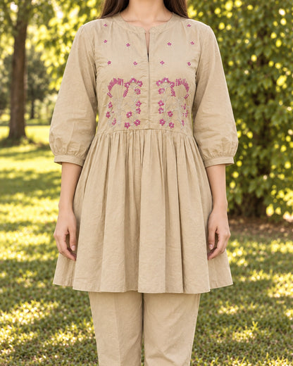 Floral Sprig Embroidered Cotton Co-Ord Set with Peplum Top and Pants
