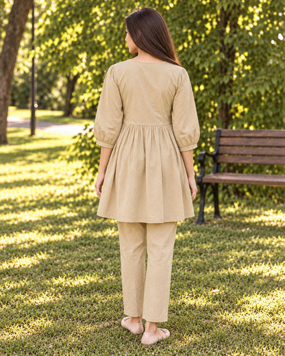 Floral Sprig Embroidered Cotton Co-Ord Set with Peplum Top and Pants