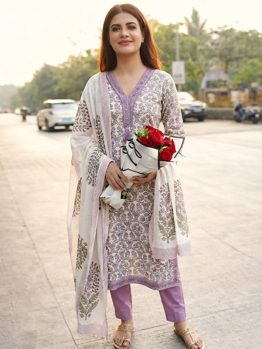 Lavender Floral Kurta Pant Set with Dupatta