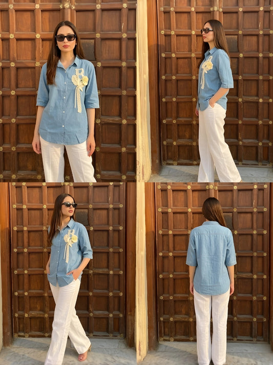 Light Blue Floral Appliqué Shirt
