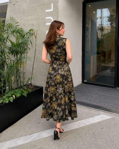 Black Floral Cotton Maxi Dress with Collar Neck for Vacation Wear