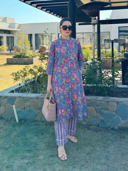 Blue Floral Button-Down Kurta Pant Set