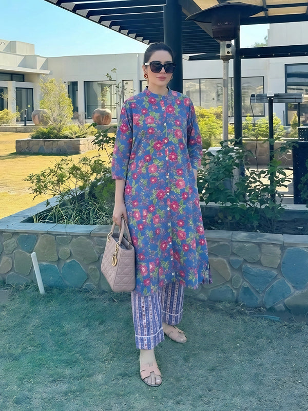 Blue Floral Button-Down Kurta Pant Set