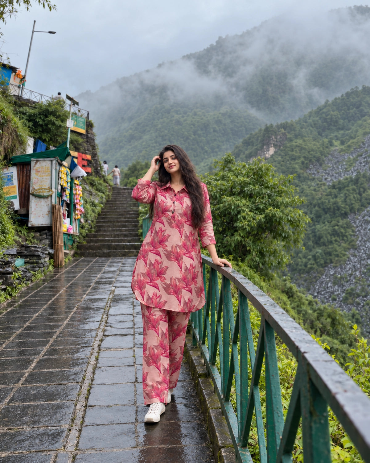 Plus Size Tropical Lily Print Modal Co-Ord Set with Collared Tunic