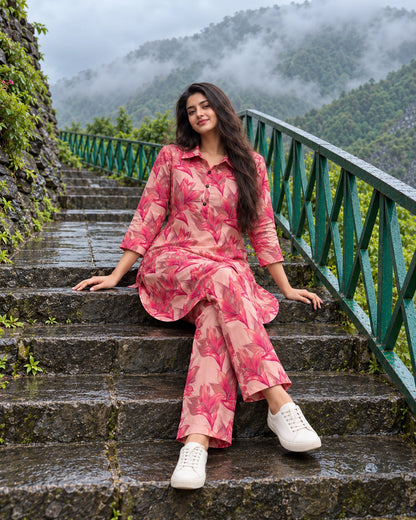 Plus Size Tropical Lily Print Modal Co-Ord Set with Collared Tunic