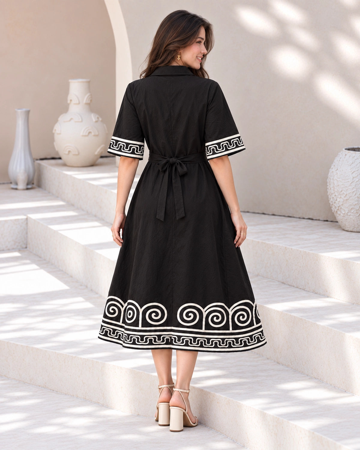 Spiral Border Print Collared Cotton Midi Shirt Dress