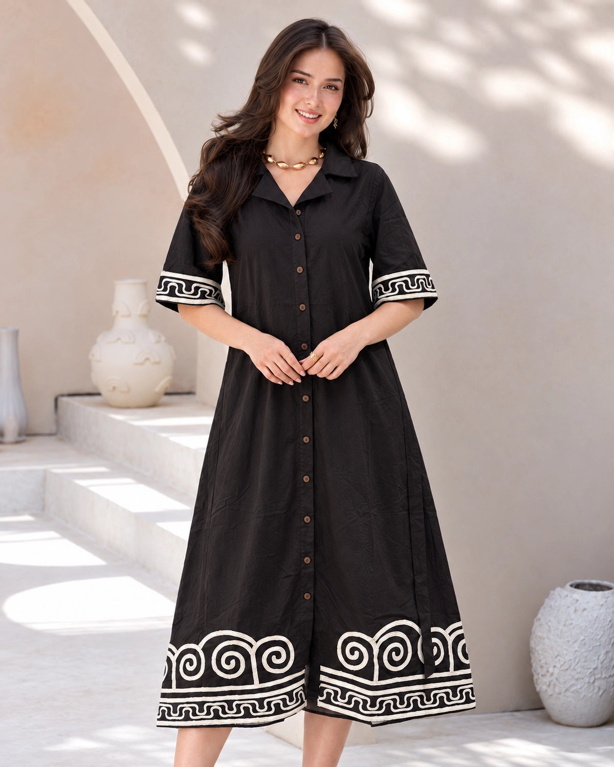 Spiral Border Print Collared Cotton Midi Shirt Dress