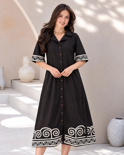 Spiral Border Print Collared Cotton Midi Shirt Dress