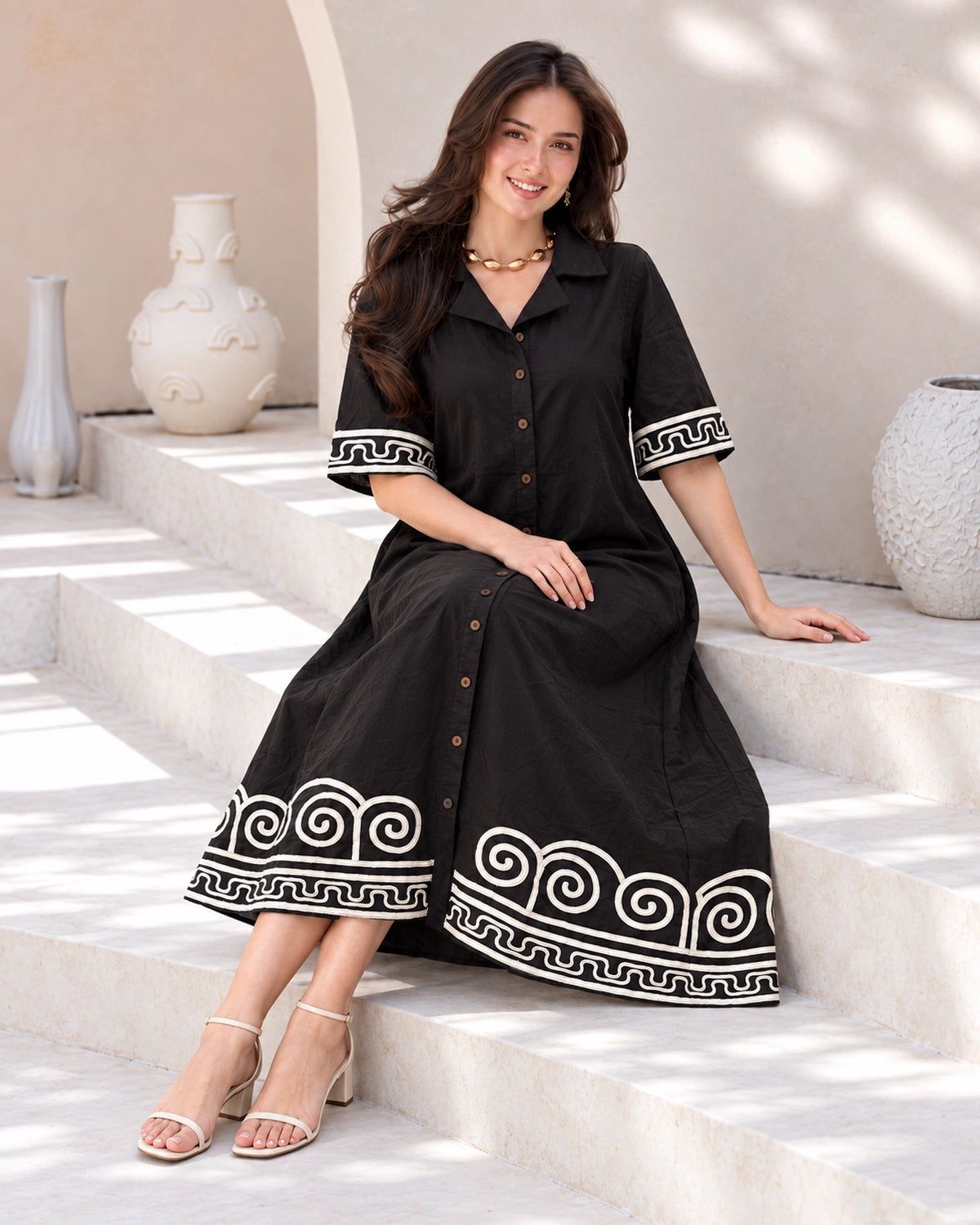Spiral Border Print Collared Cotton Midi Shirt Dress
