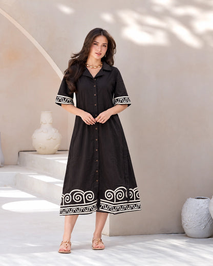 Spiral Border Print Collared Cotton Midi Shirt Dress