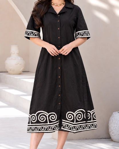 Spiral Border Print Collared Cotton Midi Shirt Dress