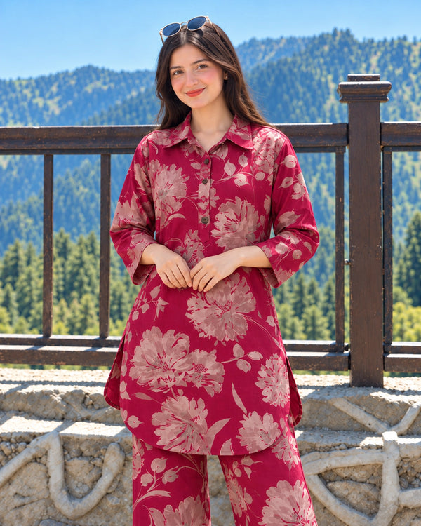 Plus Size Vintage Blossom Print Modal Co-Ord Set with Collared Tunic — image 3
