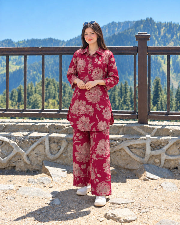 Plus Size Vintage Blossom Print Modal Co-Ord Set with Collared Tunic