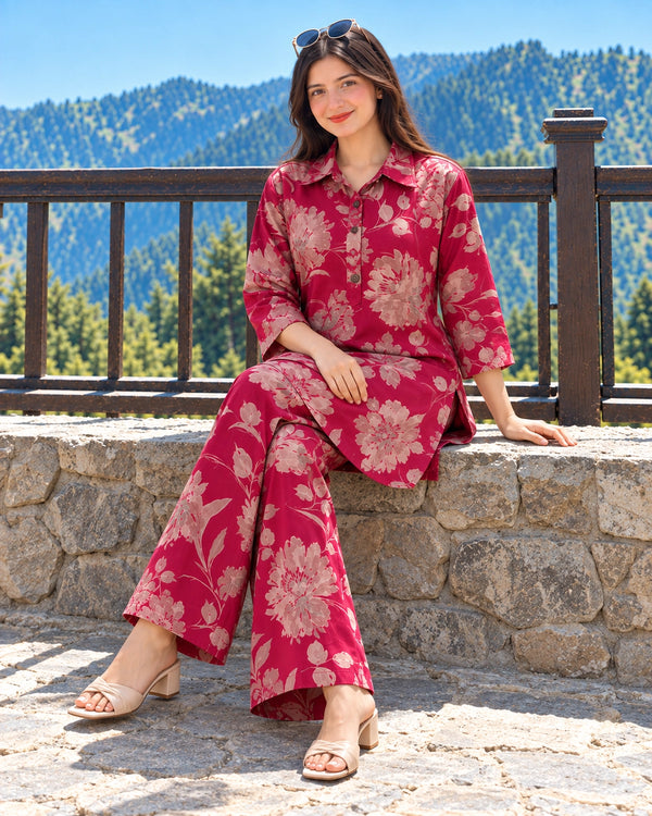 Plus Size Vintage Blossom Print Modal Co-Ord Set with Collared Tunic — image 2