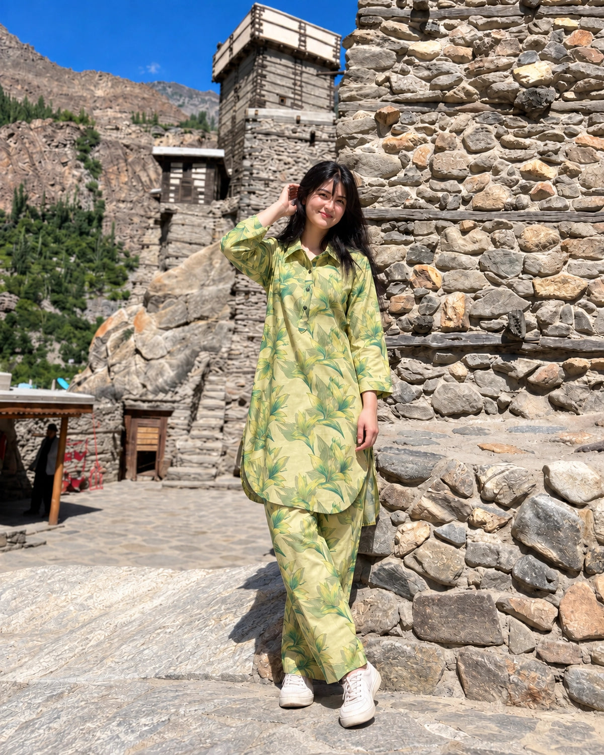 Plus Size Tropical Lily Print Modal Co-Ord Set with Collared Tunic