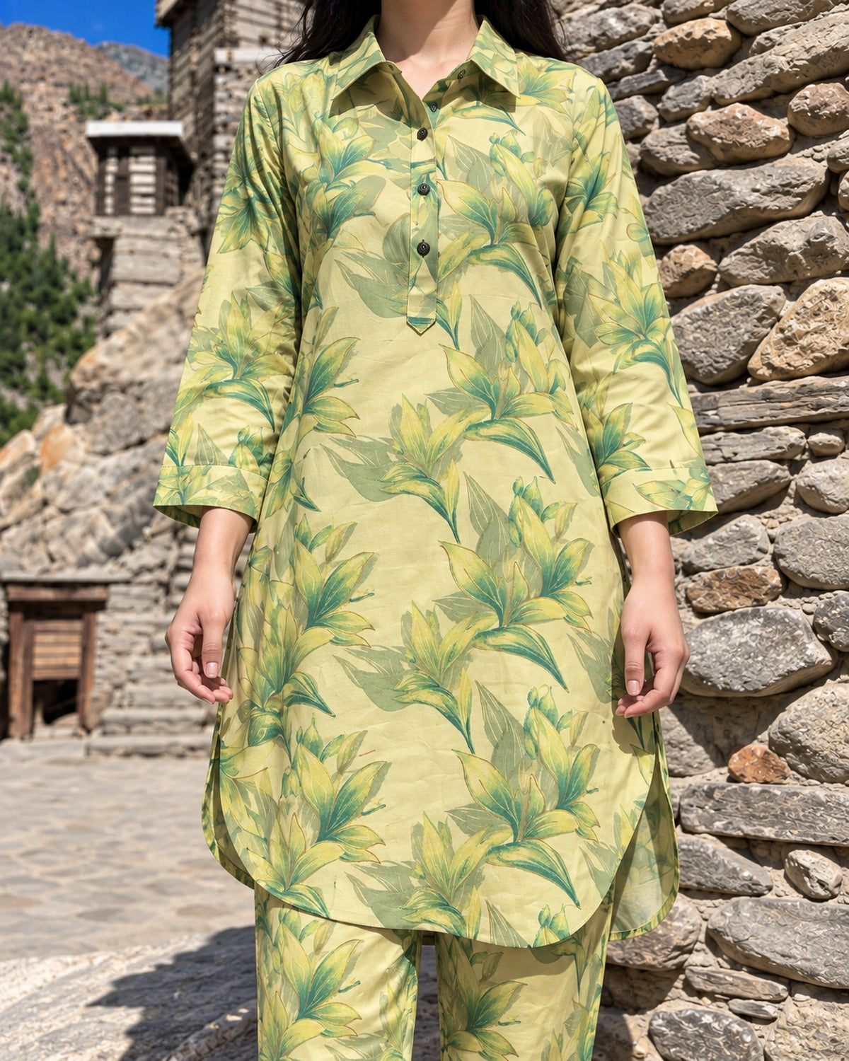 Plus Size Tropical Lily Print Modal Co-Ord Set with Collared Tunic