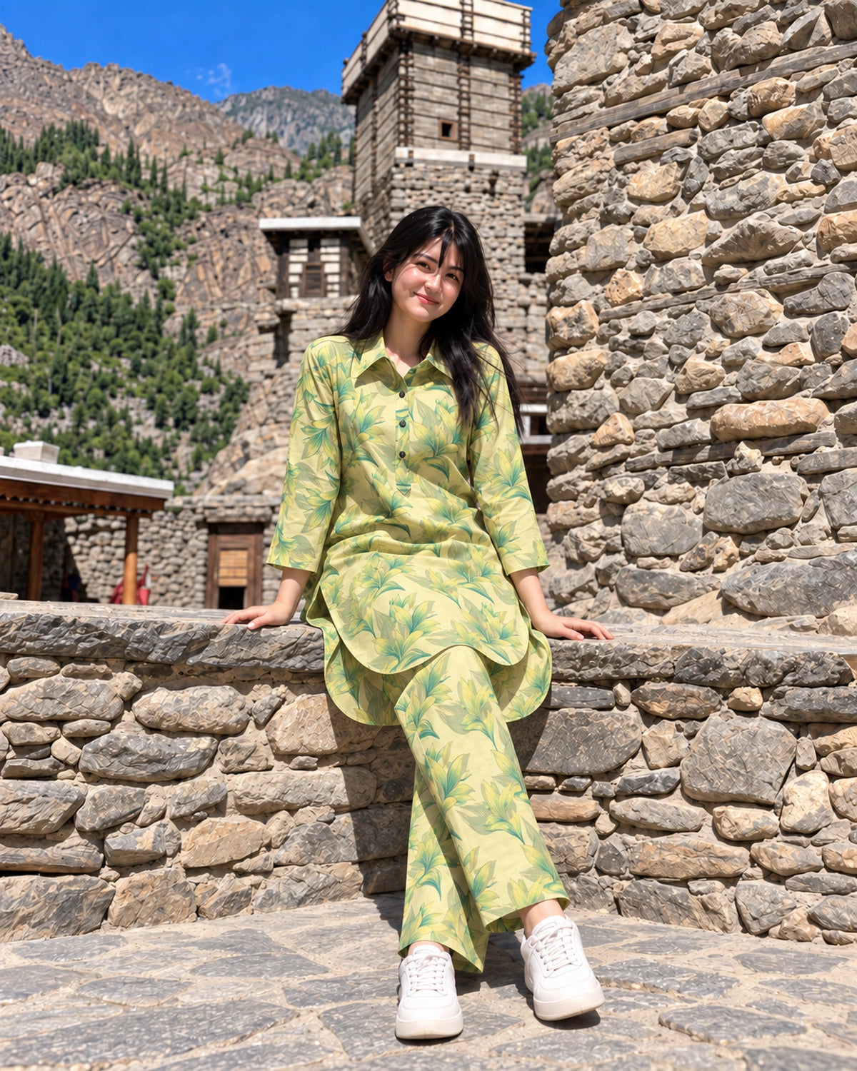 Plus Size Tropical Lily Print Modal Co-Ord Set with Collared Tunic