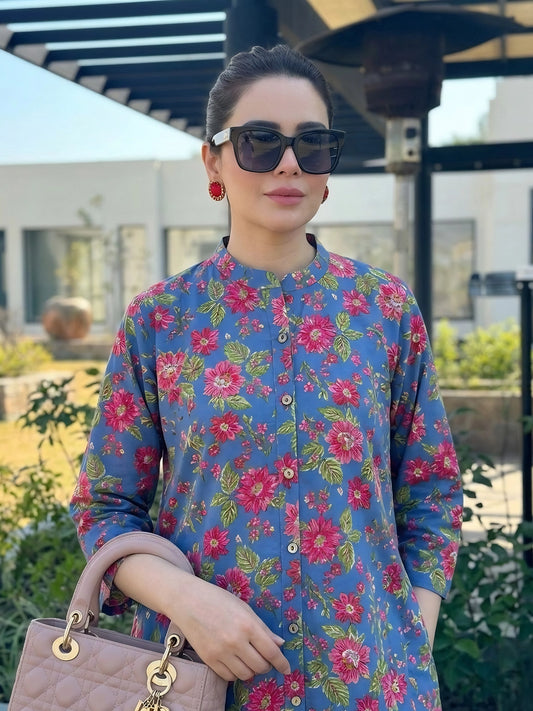 Blue Floral Button-Down Kurta Pant Set