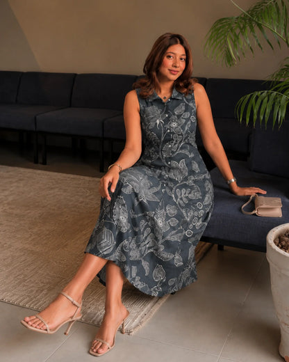 Floral Print Rayon Midi Dress with Collar Neck for Vacation Wear