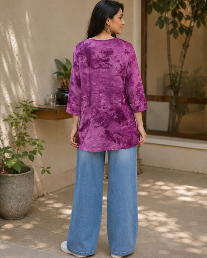 Chikankari Tie-Dye Round Neck Cotton Kurti