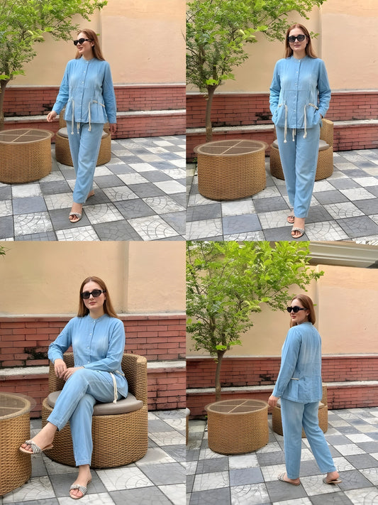 Light Blue Drawstring Peplum Co-Ord Set